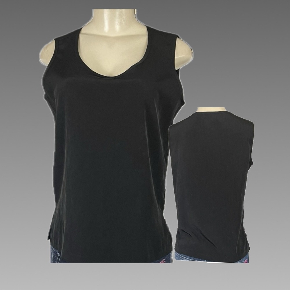 Susan Graver Style S Black Scoop Neckline Sleeveless Tank Shell Top Side Slits